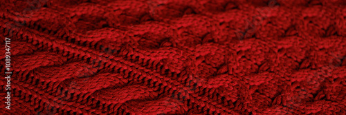 A close up of a red knit sweater. The sweater is red and has a pattern of squares and triangles. Banner with copy space.