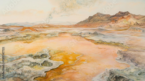 Geothermal Landscape: Warm Peach and Olive Hues, Dallol Hot Spring Painting photo