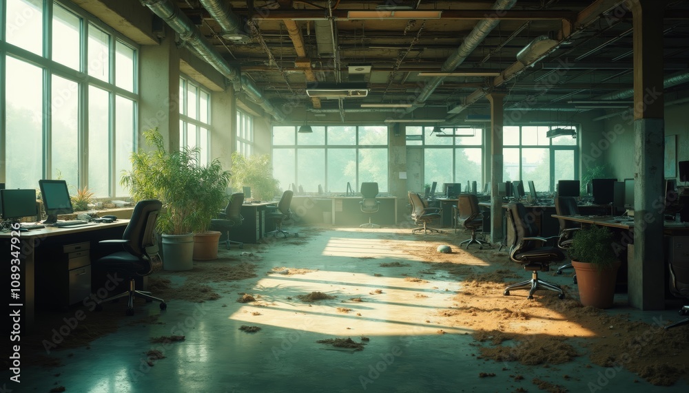 Abandoned Corporate Workspace with Dilapidated Furniture and Plants. Abandoned Corporate Workspace with Dilapidated Furniture and Plants.