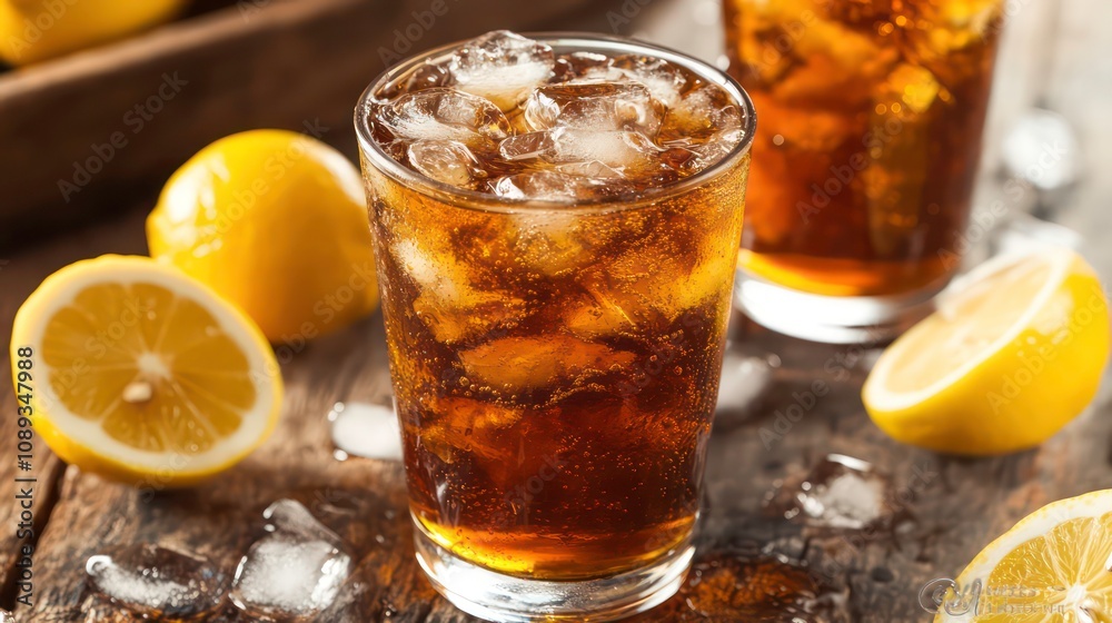 A photo of a refreshing glass of iced tea made with brewed black tea, lemon, and a touch of sweetness. A photo of a refreshing glass of iced tea made with brewed black tea, lemon, and a touch of sweetness.