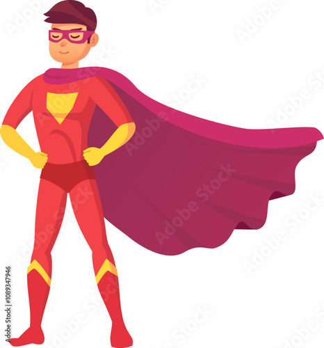 Confident superhero standing with hands on hips, wearing a vibrant costume and a flowing cape, embodying strength, courage, and readiness to face any challenge