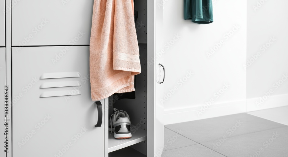 Open locker in gym with towel and athletic shoe Open locker in gym with towel and athletic shoe