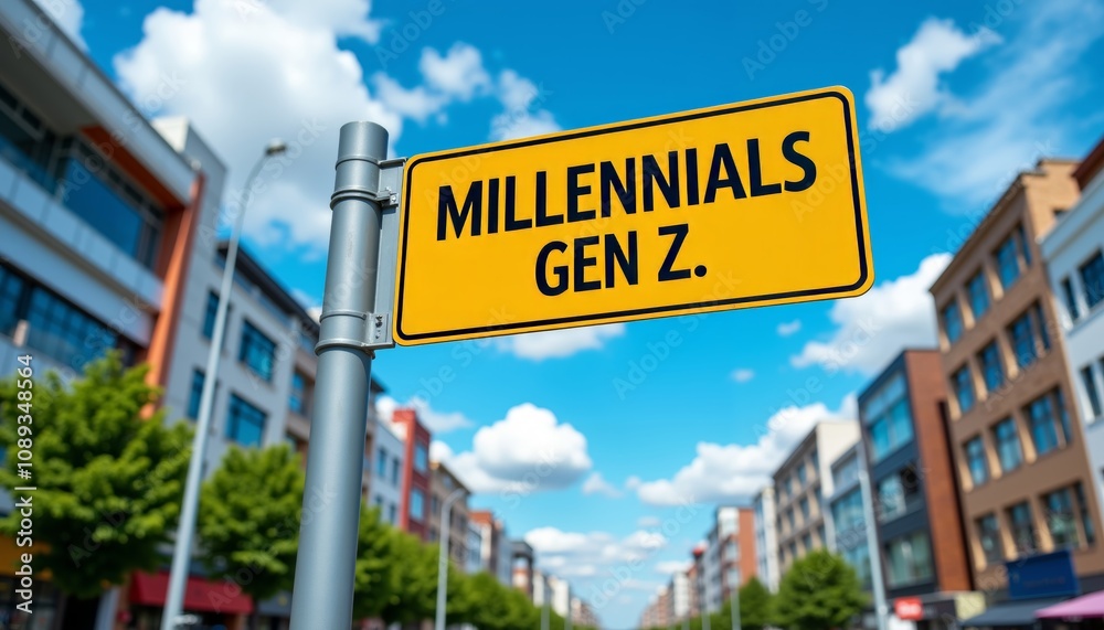 Obraz premium Bright Yellow Street Sign Featuring Generational Terms in Urban Setting.