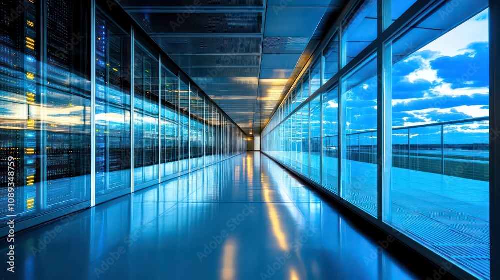 A long, empty corridor with glass walls leading to a server room with rows of servers. A long, empty corridor with glass walls leading to a server room with rows of servers.