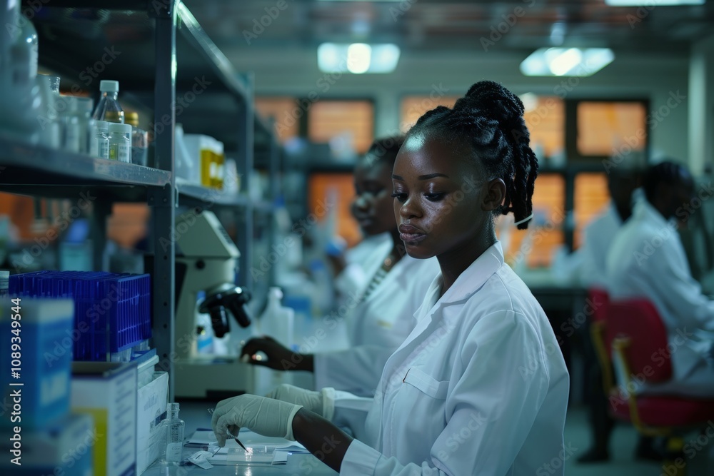Young African female scientist analyzing samples under microscope in laboratory, dressed in lab coat gloves, surrounded by various research equipment materials, fully engaged in biomedical research. Young African female scientist analyzing samples under microscope in laboratory, dressed in lab coat gloves, surrounded by various research equipment materials, fully engaged in biomedical research.