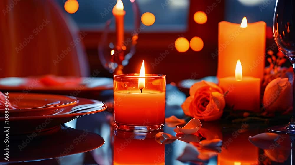 Romantic dinner table setting with lit candles and roses.