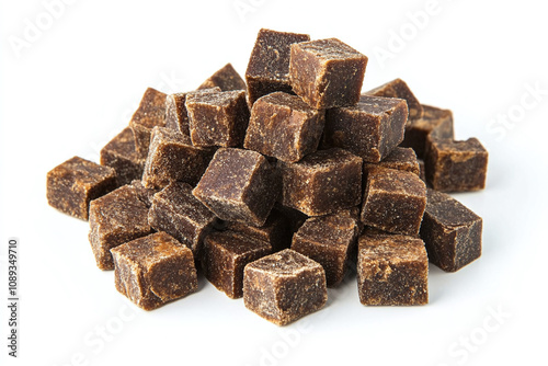 Stack of cane brown sugar cubes isolated on white background,.