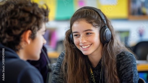 Teenage Girl Listening to Music with Headphones, Smiling in Class