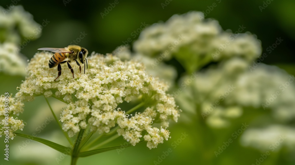 Honeybee Foraging on Delicate White Flower Cluster Honeybee Foraging on Delicate White Flower Cluster
