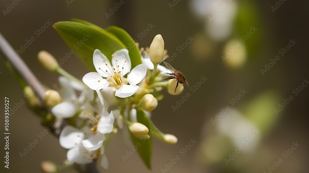 White Blossoms And A Small Fly Near Branch White Blossoms And A Small Fly Near Branch