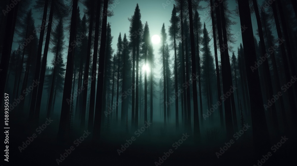 Fototapeta premium Dense forest with tall trees silhouetted against a foggy background at dusk or dawn, with soft light illuminating the scene.