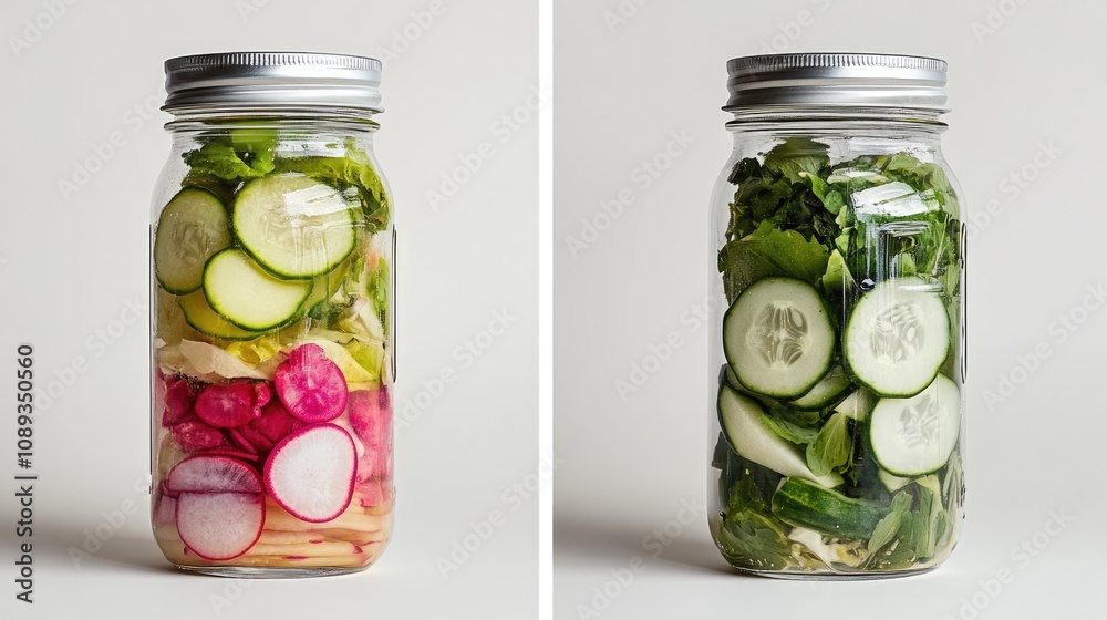 Two jars of pickled vegetables, arranged side by side on a white background, showcasing variety and bright, natural colors. Two jars of pickled vegetables, arranged side by side on a white background, showcasing variety and bright, natural colors.