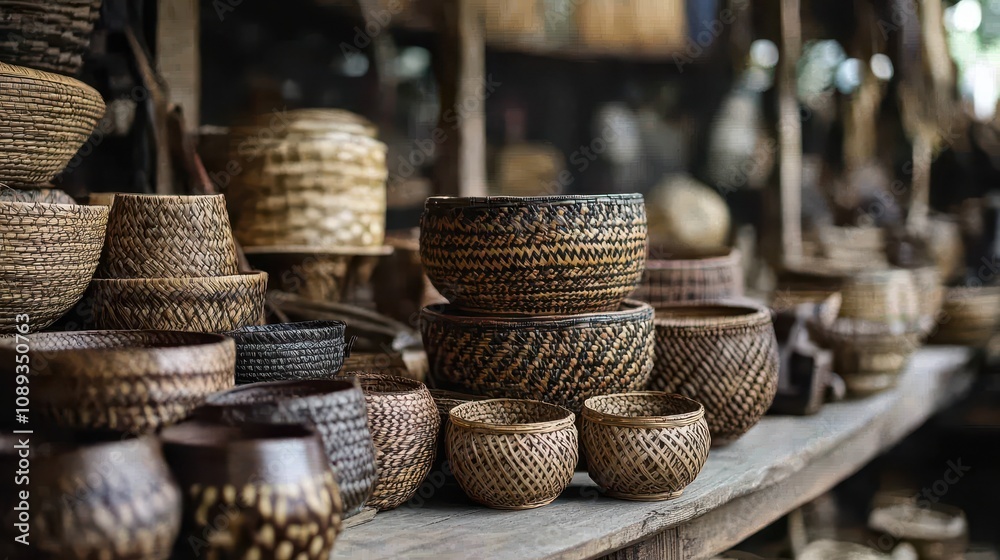 Handwoven baskets and crafts are beautifully arranged in a vibrant Ubud market stall Handwoven baskets and crafts are beautifully arranged in a vibrant Ubud market stall