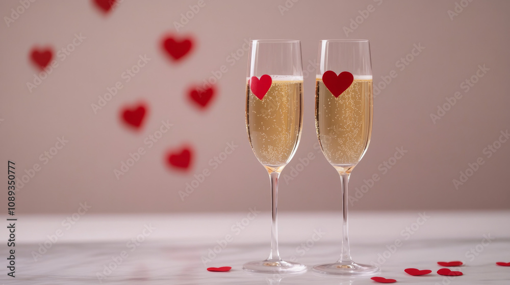 Champagne glasses with red hearts for a romantic celebration Champagne glasses with red hearts for a romantic celebration