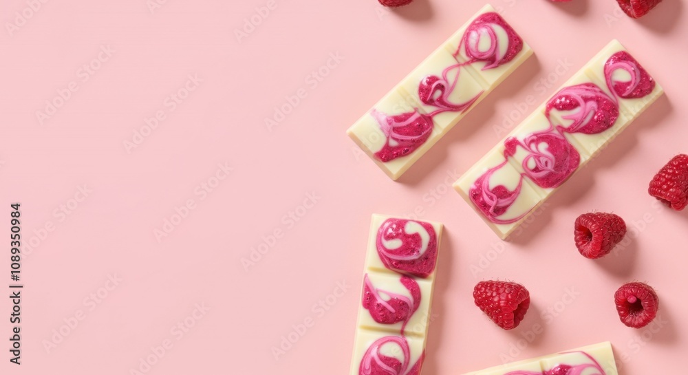 White chocolate raspberry swirl bars on pink background White chocolate raspberry swirl bars on pink background