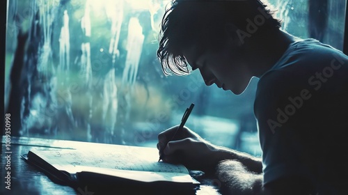 A silhouette of a young man writing in a notebook at a window, with sunlight streaming through the window. photo