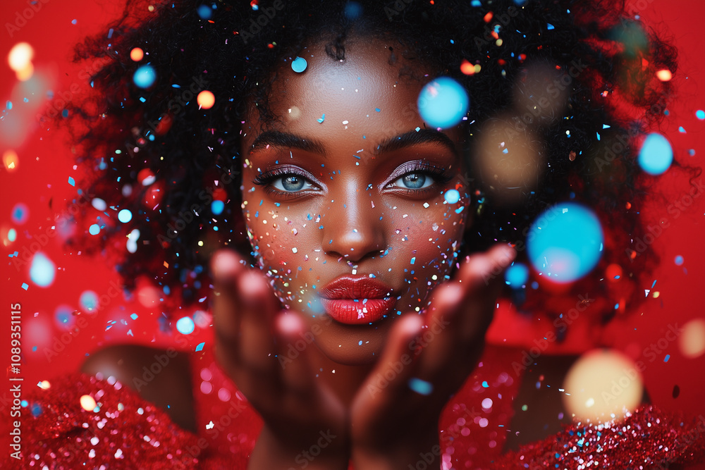 Happy African woman with confetti on a red background, holiday concept Happy African woman with confetti on a red background, holiday concept