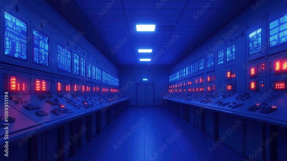 A high-tech control room illuminated by blue and red lights, featuring multiple screens and control panels in a futuristic setting. A high-tech control room illuminated by blue and red lights, featuring multiple screens and control panels in a futuristic setting.