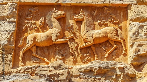 Ancient Stone Relief of Two Horses in Petra, Jordan AI Generated photo