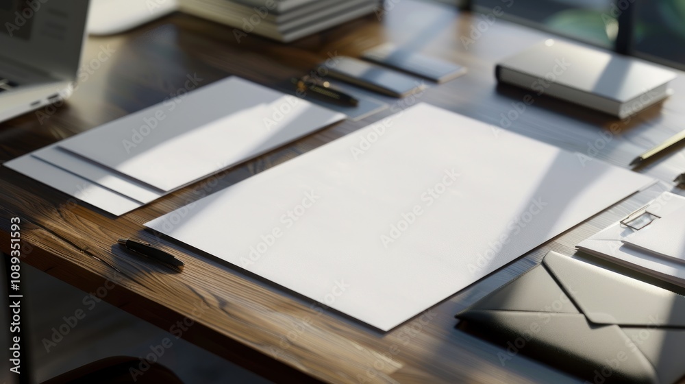 Blank stationery mockup on a wooden desk with a laptop, phone, and pen. Blank stationery mockup on a wooden desk with a laptop, phone, and pen.