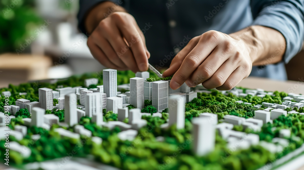 Close up hands of an urban planner architect shaping a sustainable city model with green spaces. Eco friendly urban design and sustainable planning principles
Close up hands of an urban planner architect shaping a sustainable city model with green spaces. Eco friendly urban design and sustainable planning principles