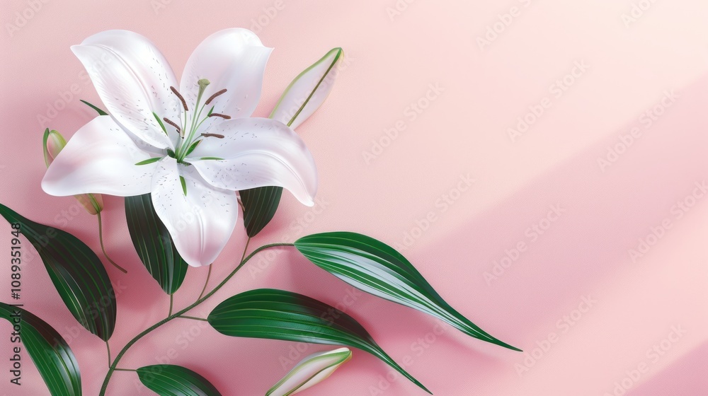 Fototapeta premium A single white lily with green leaves sits on a pale pink background.
