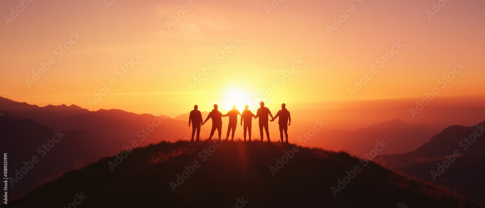 group of friends holding hands at sunset on a mountain group of friends holding hands at sunset on a mountain
