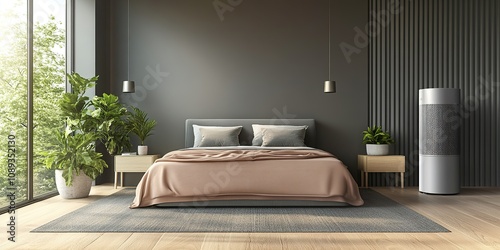 The air purifier is placed in the bedroom, with gray walls and wooden floors