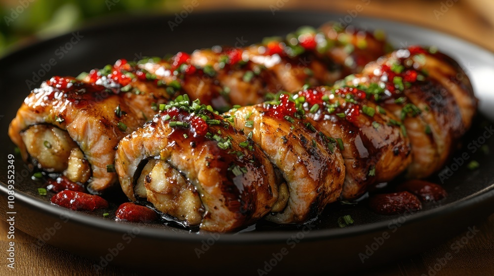 Grilled salmon sushi rolls with glaze, garnished with red caviar and chives. Grilled salmon sushi rolls with glaze, garnished with red caviar and chives.