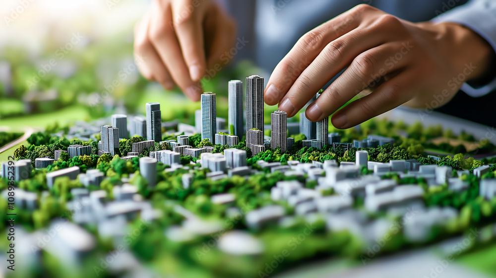 Close up hands of an urban planner architect shaping a sustainable city model with green spaces. Eco friendly urban design and sustainable planning principles
Close up hands of an urban planner architect shaping a sustainable city model with green spaces. Eco friendly urban design and sustainable planning principles