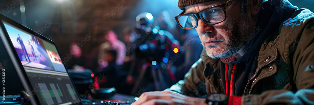 Fototapeta premium Director's Cut: A director, wearing a worn-in pair of glasses, poring over footage on a laptop, making edits with precision.