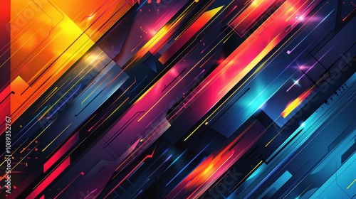 Abstract vibrant diagonal lines and geometric shapes background.