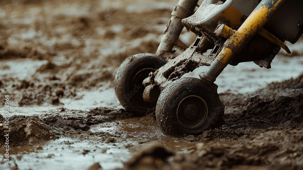 Detail of broken landing gear half-buried in mud, minimal background, diffused lighting Detail of broken landing gear half-buried in mud, minimal background, diffused lighting
