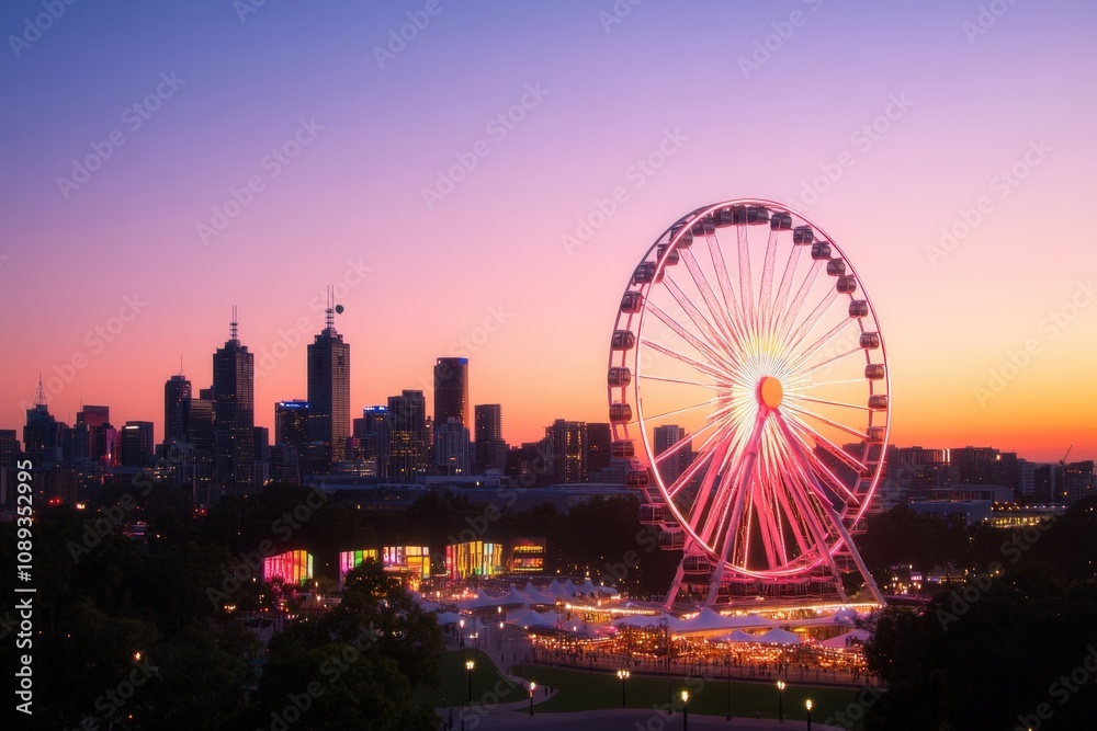 colorful ferris wheel against a sunset skyline colorful ferris wheel against a sunset skyline