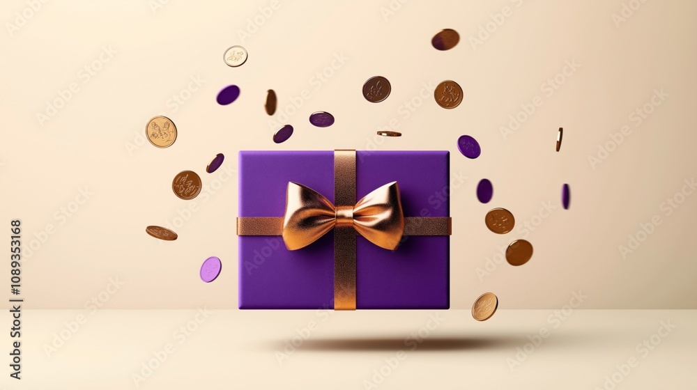 Purple gift box with metallic gold ribbon and bow surrounded by floating coins on a light background. Purple gift box with metallic gold ribbon and bow surrounded by floating coins on a light background.