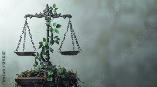 An antique-looking scale of justice with a green vine growing up it, in front of a misty, out-of-focus background.