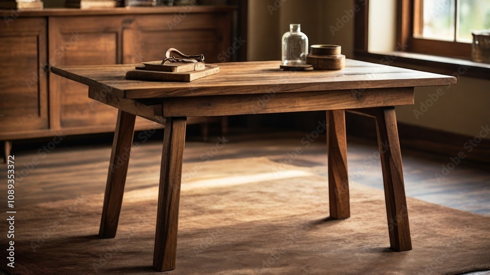 A wooden table with a rustic finish sits on a rug in a sunlit room. A wooden table with a rustic finish sits on a rug in a sunlit room.