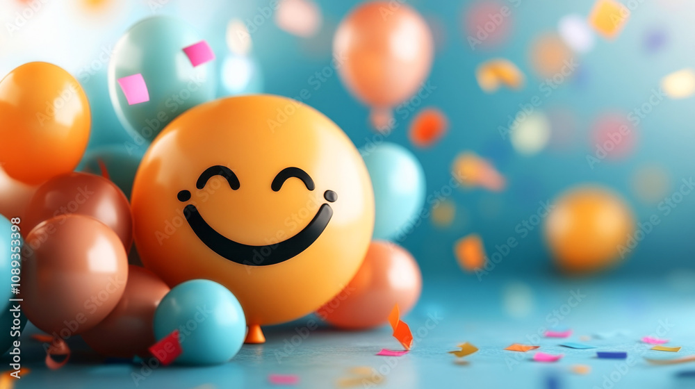 Cheerful Smiley Balloon Surrounded by Colorful Balloons and Confetti on a Bright Blue Background for Celebratory Themes and Joyful Events Cheerful Smiley Balloon Surrounded by Colorful Balloons and Confetti on a Bright Blue Background for Celebratory Themes and Joyful Events