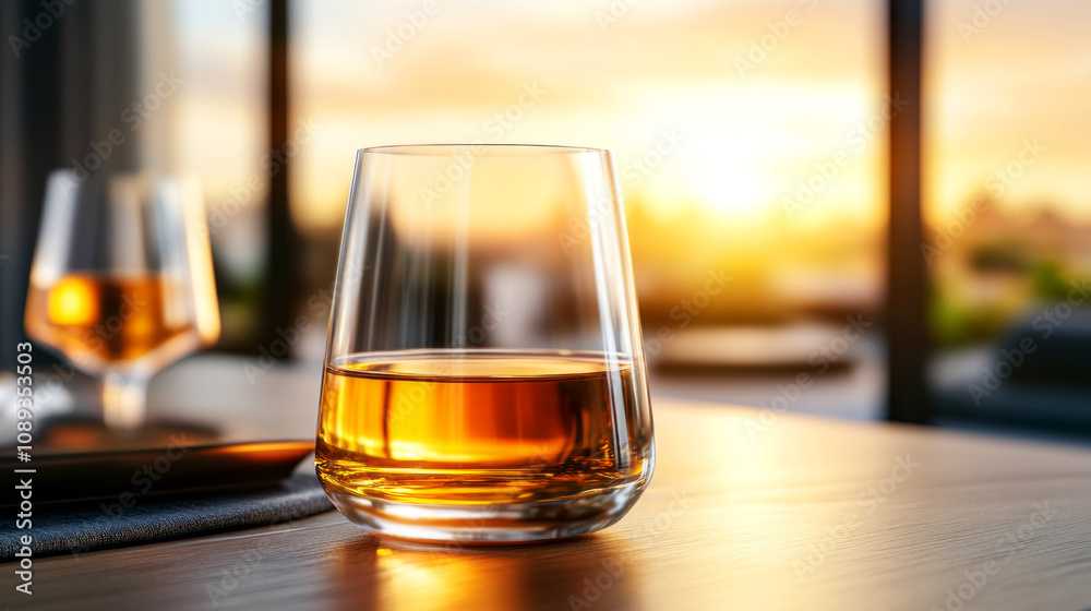 Elegant Glass of Whiskey on a Table with Sunset Background Capturing the Warm Glow of Evening Light and the Relaxing Atmosphere of Home or Bar Setting Elegant Glass of Whiskey on a Table with Sunset Background Capturing the Warm Glow of Evening Light and the Relaxing Atmosphere of Home or Bar Setting