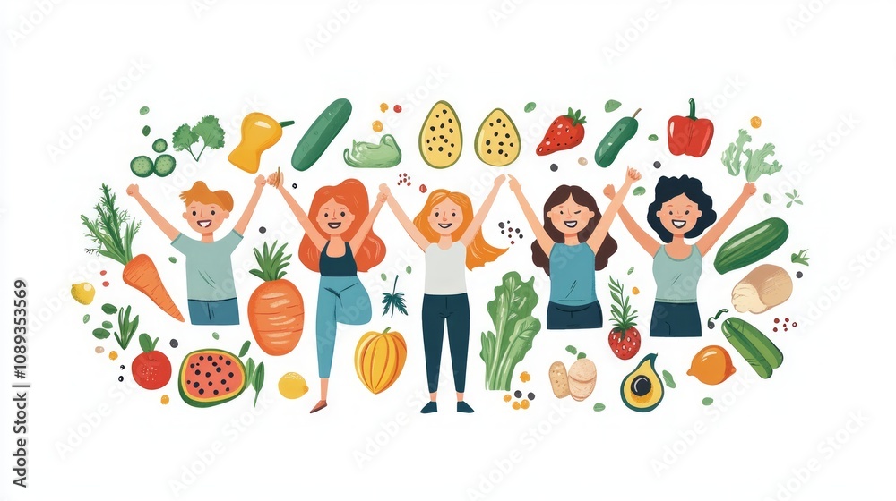 Five happy people are standing in the middle of a circle of fruits and vegetables, all holding their arms up in the air. Five happy people are standing in the middle of a circle of fruits and vegetables, all holding their arms up in the air.