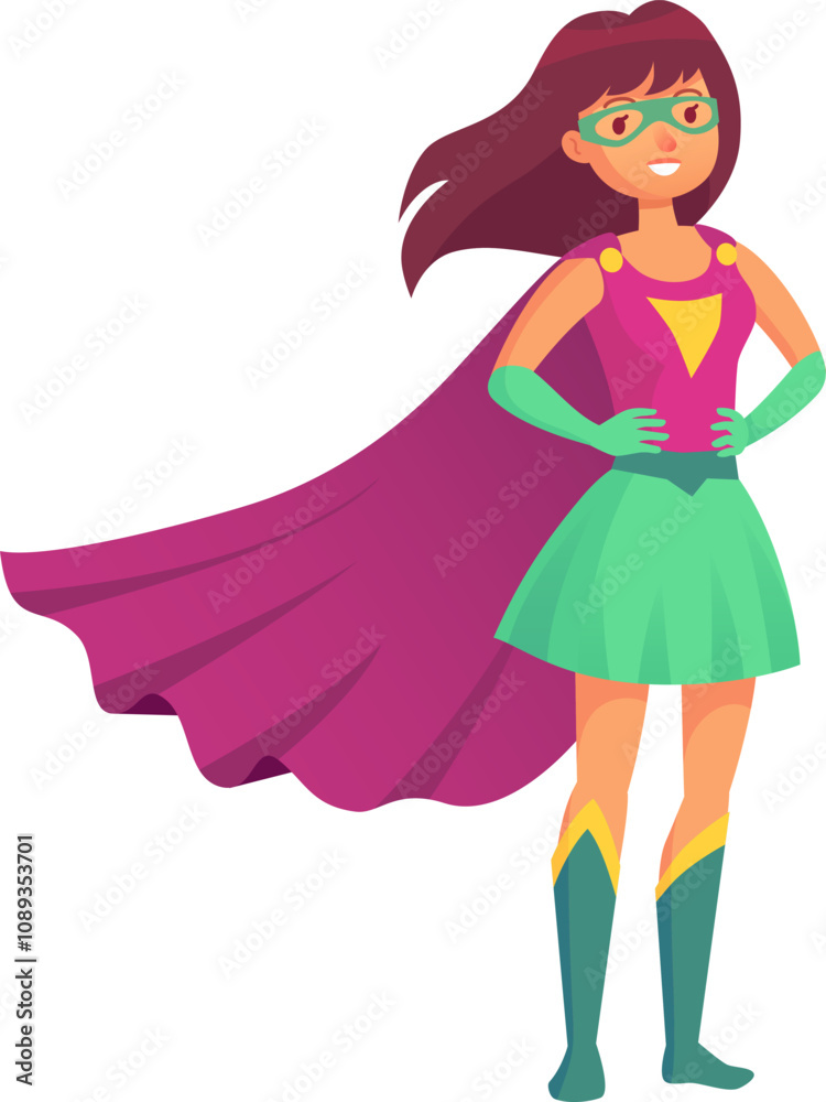 Powerful female superhero standing confidently with hands on her hips, her cape waving in the wind, embodying strength, courage, and heroism Powerful female superhero standing confidently with hands on her hips, her cape waving in the wind, embodying strength, courage, and heroism