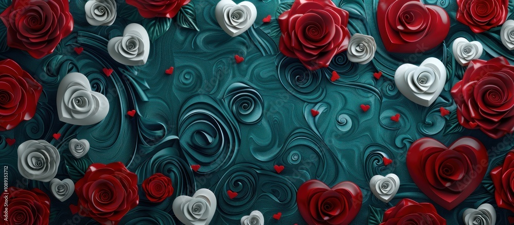 Fototapeta premium Red and white roses and hearts on a teal background.