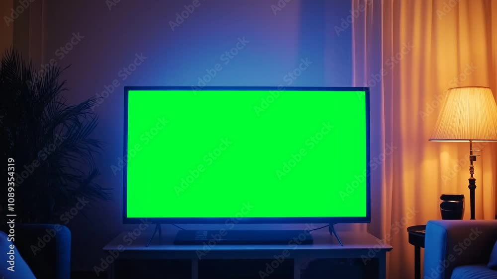 Slow zoom animation of a television with a green screen in the living room Slow zoom animation of a television with a green screen in the living room