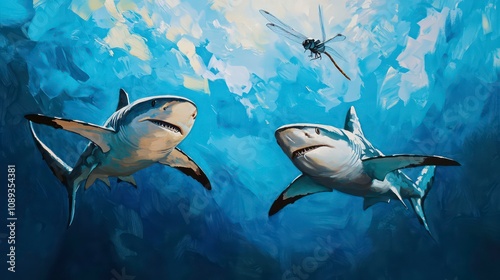 Two sharks swimming upward in an abstract blue and white ocean with a dragonfly overhead. photo