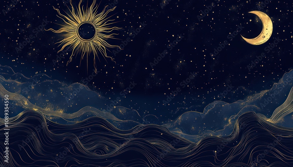 Celestial Landscape With Golden Sun Moon And Stars Celestial Landscape With Golden Sun Moon And Stars