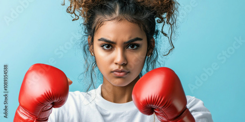 Boxing punch and movement concept. Female athlete flexing arms in boxing gear, showing strength and determination