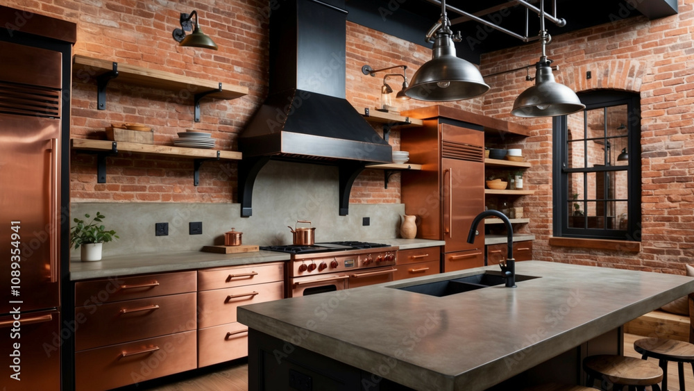 A sleek industrial kitchen with exposed brick walls, industrial kitchen steel appliances, and dark wooden cabinets. A sleek industrial kitchen with exposed brick walls, industrial kitchen steel appliances, and dark wooden cabinets.