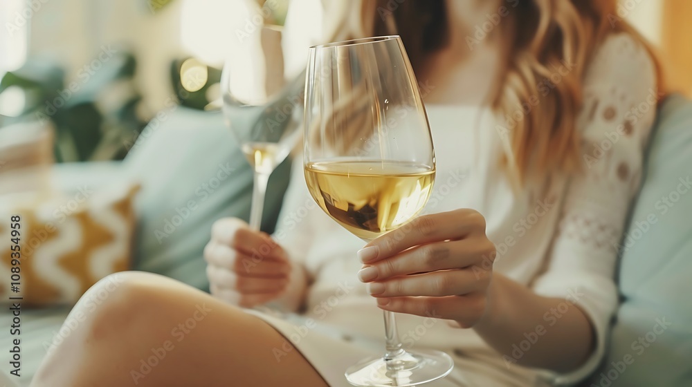 A woman holding two glasses of white wine, enjoying a relaxed moment in a cozy setting. A woman holding two glasses of white wine, enjoying a relaxed moment in a cozy setting.