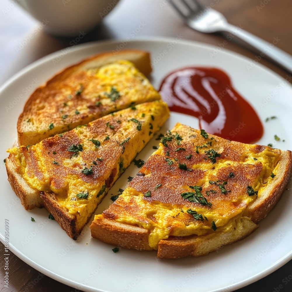delicious breakfast toast with egg and herbs served with ketchup delicious breakfast toast with egg and herbs served with ketchup