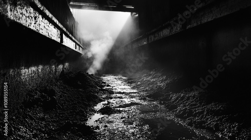 Factory Farm Manure Pit: Steam, Darkness, Industrial Waste